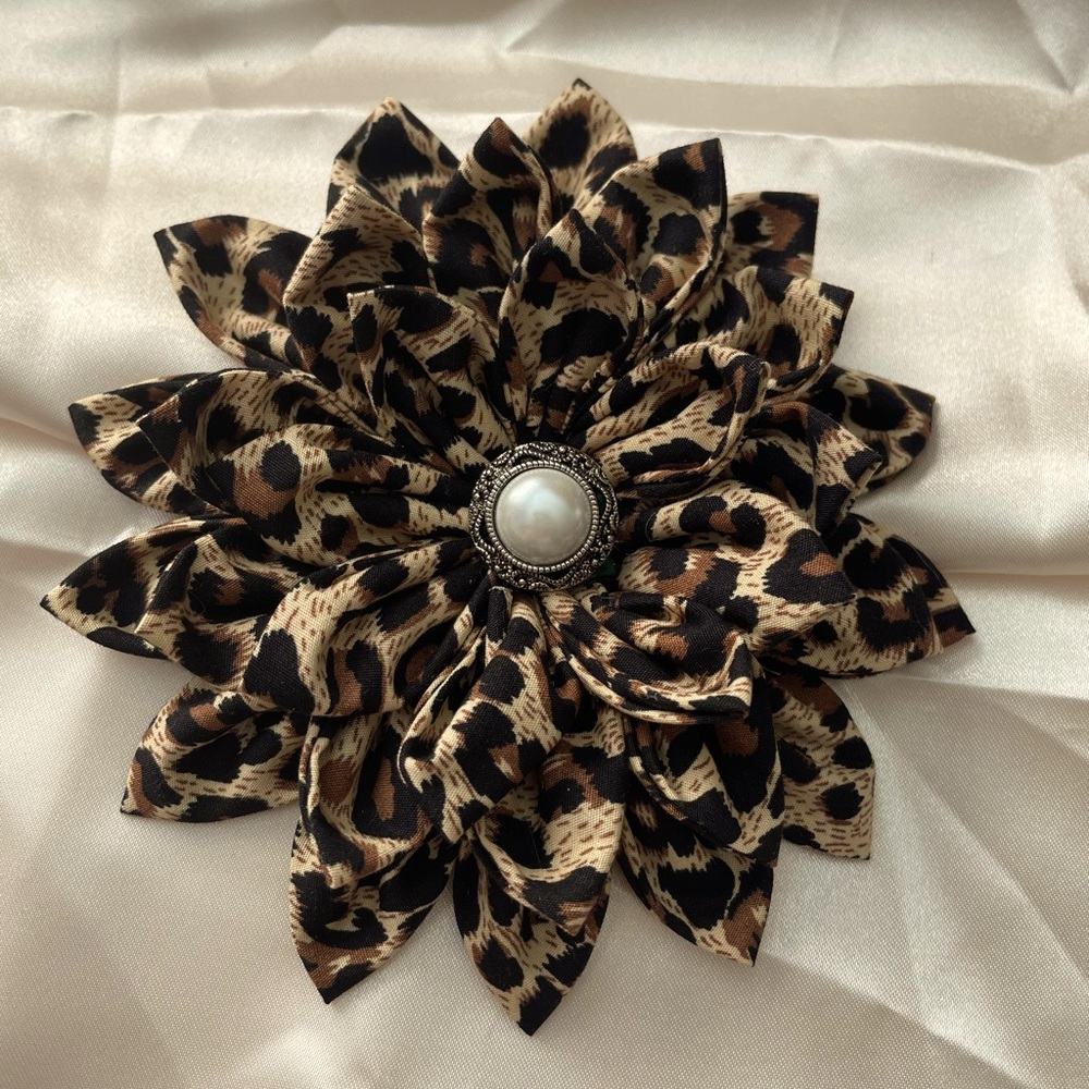 Hand made sewn leopard flower pin accessory